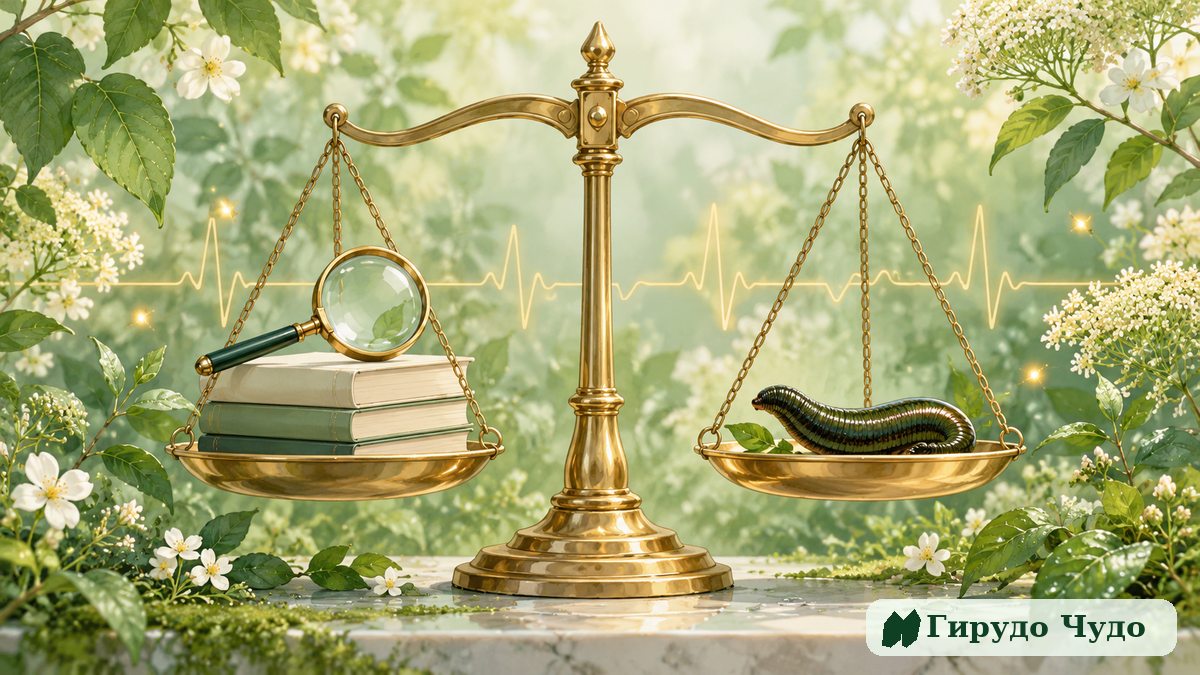 Весы доказательств: на одной чаше стопка книг с лупой, на другой медицинская пиявка среди зелени