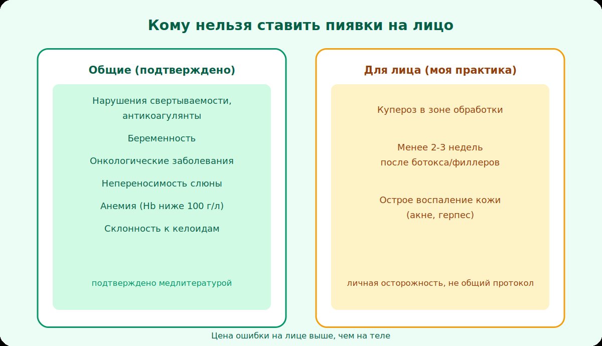 Сводная таблица противопоказаний к гирудотерапии на лицо: общие и специфичные для лица