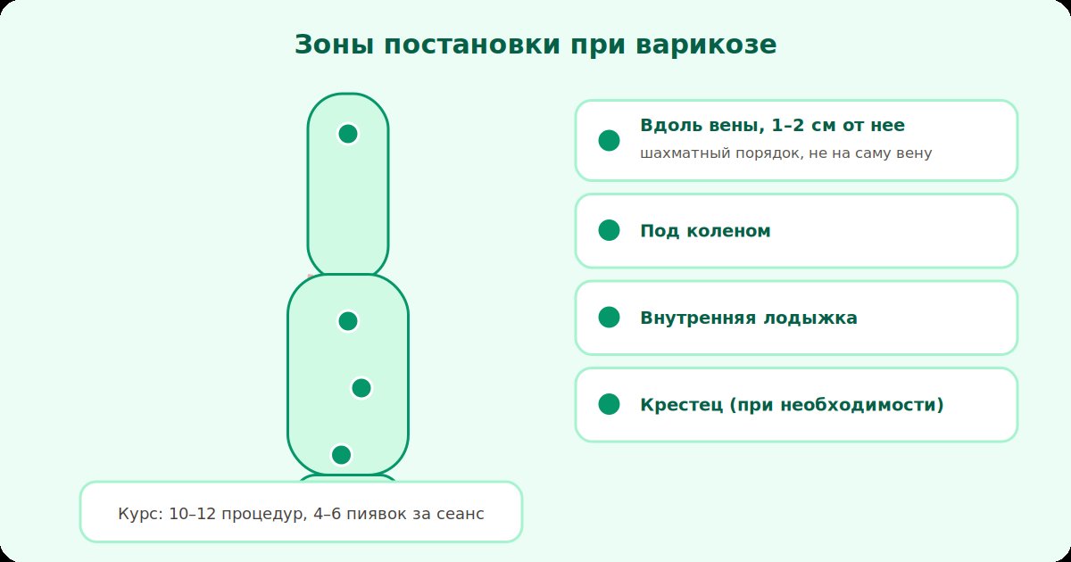 Зоны постановки пиявок при варикозе: рядом с веной, внутренняя лодыжка, под коленом, крестец