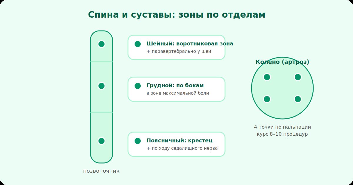 Зоны постановки при остеохондрозе и артрозе: шейный, грудной, поясничный отделы, колено