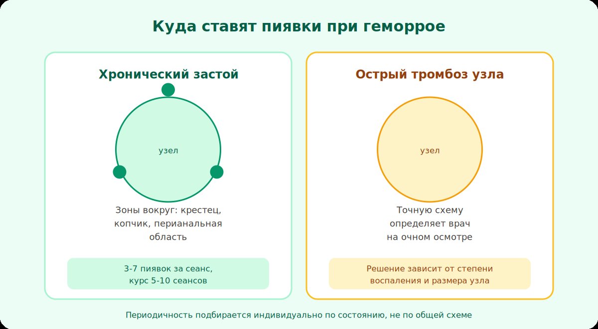 Две зоны постановки пиявок при геморрое: перианальная область при хроническом застое и решение врача при остром тромбозе узла