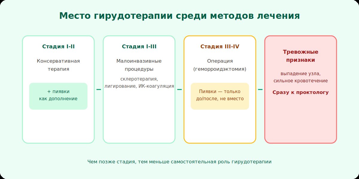 Место гирудотерапии среди методов лечения геморроя: от консервативной терапии до операции по стадиям заболевания