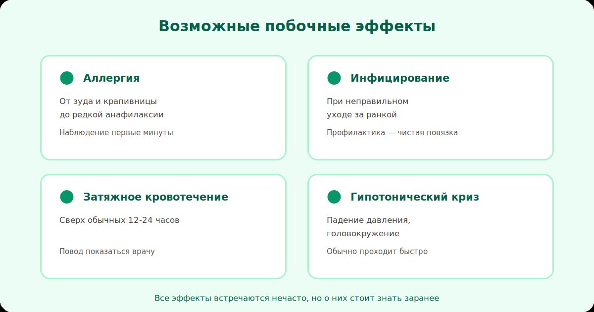 Четыре возможных побочных эффекта гирудотерапии: аллергия, инфицирование ранки, затяжное кровотечение, гипотонический криз