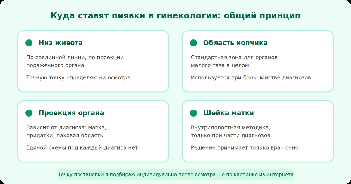 Общий принцип постановки пиявок в гинекологии: зона низа живота, копчик, проекция органа, индивидуальный подбор врачом