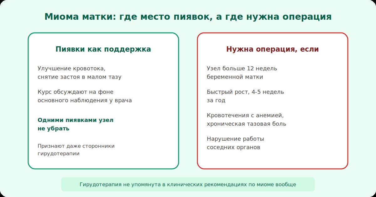Схема при миоме матки: пиявки как поддержка кровотока и застоя, порог 12 недель беременной матки или быстрый рост как повод для операции